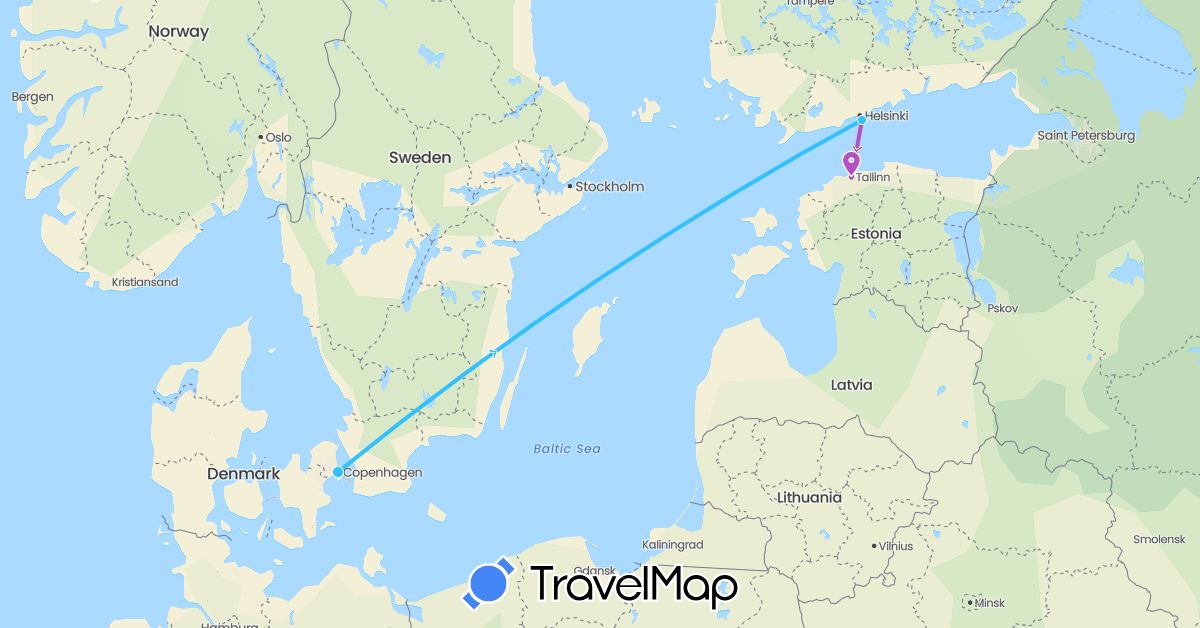 TravelMap itinerary: driving, train, boat in Denmark, Estonia, Finland (Europe)